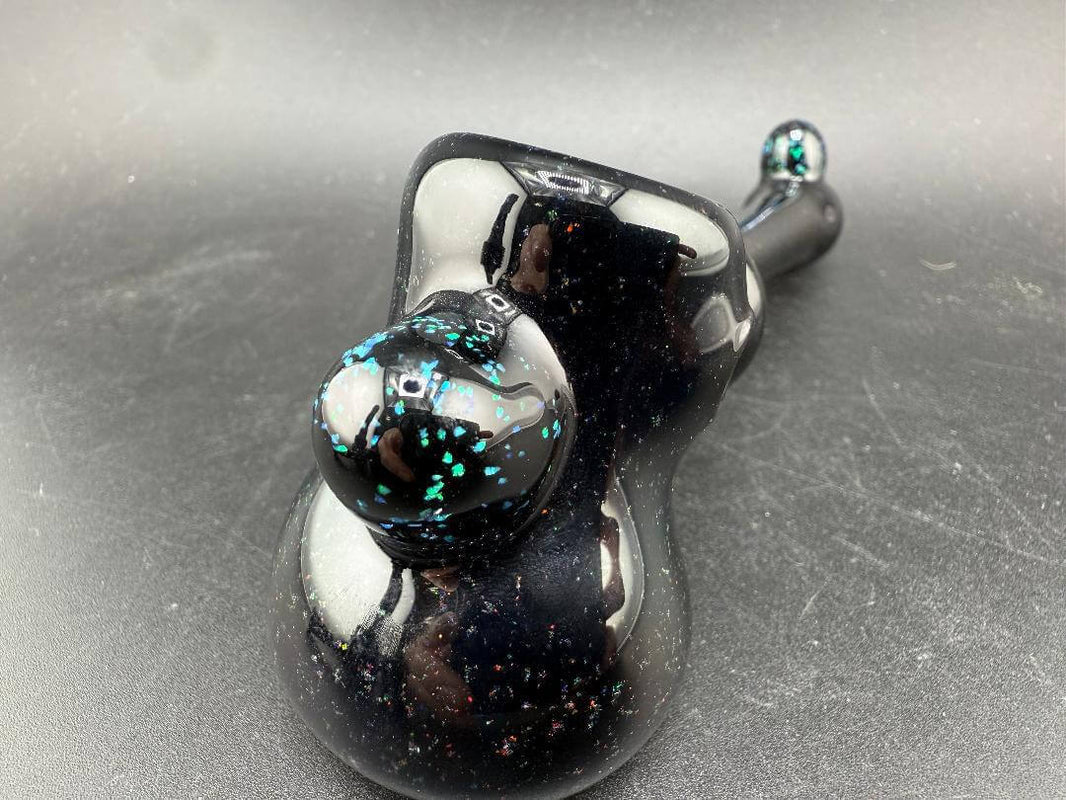 Paul Smith Glass Hammer Pipe - Black w/ Crushed Opal showcased on black background with vibrant details.