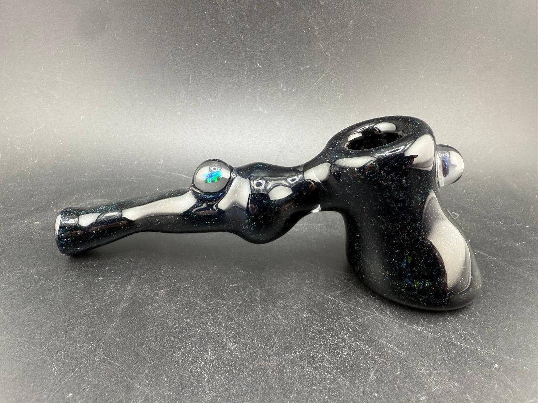 Paul Smith Glass Hammer Pipe - Black w/ Crushed Opal showcasing sleek design and vibrant opal accents.