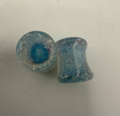 Paulson Pieces 8mm ear plugs in blue crushed opal style, handcrafted borosilicate glass from Spokane, WA.