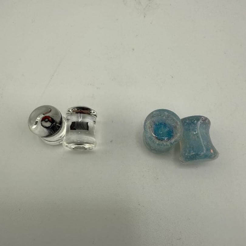 Paulson Pieces 8mm ear plugs in clear and blue crushed opal borosilicate glass hand-crafted in Spokane, WA.