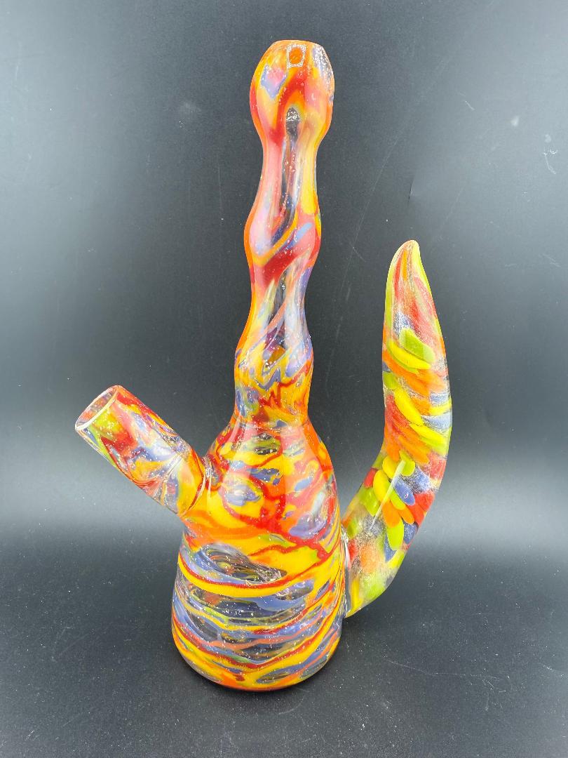 Paulson Pieces Rainbow Confetti Tube w/ Horn Handle 14mm 45° - Colorful glass pipe with artistic design.