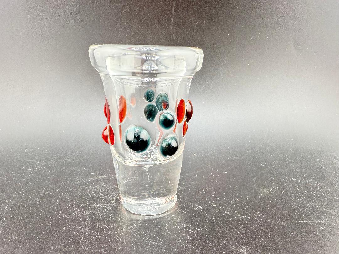 Paulson Pieces Shot Glass showcasing handcrafted design with black and red artistic dots.