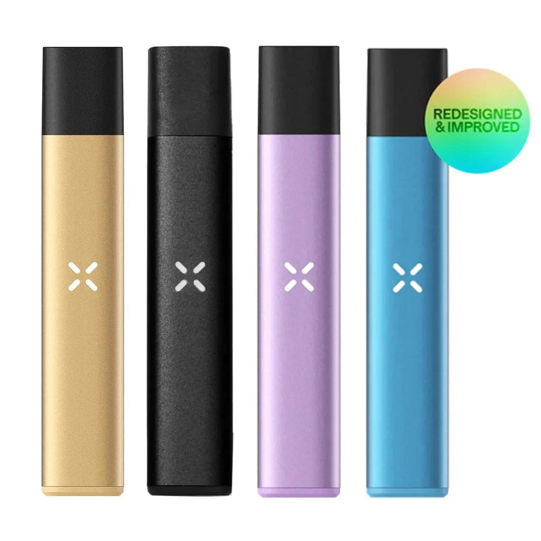 Pax Era Go vape pen collection showcasing redesigned and improved models in gold, black, purple, and blue.