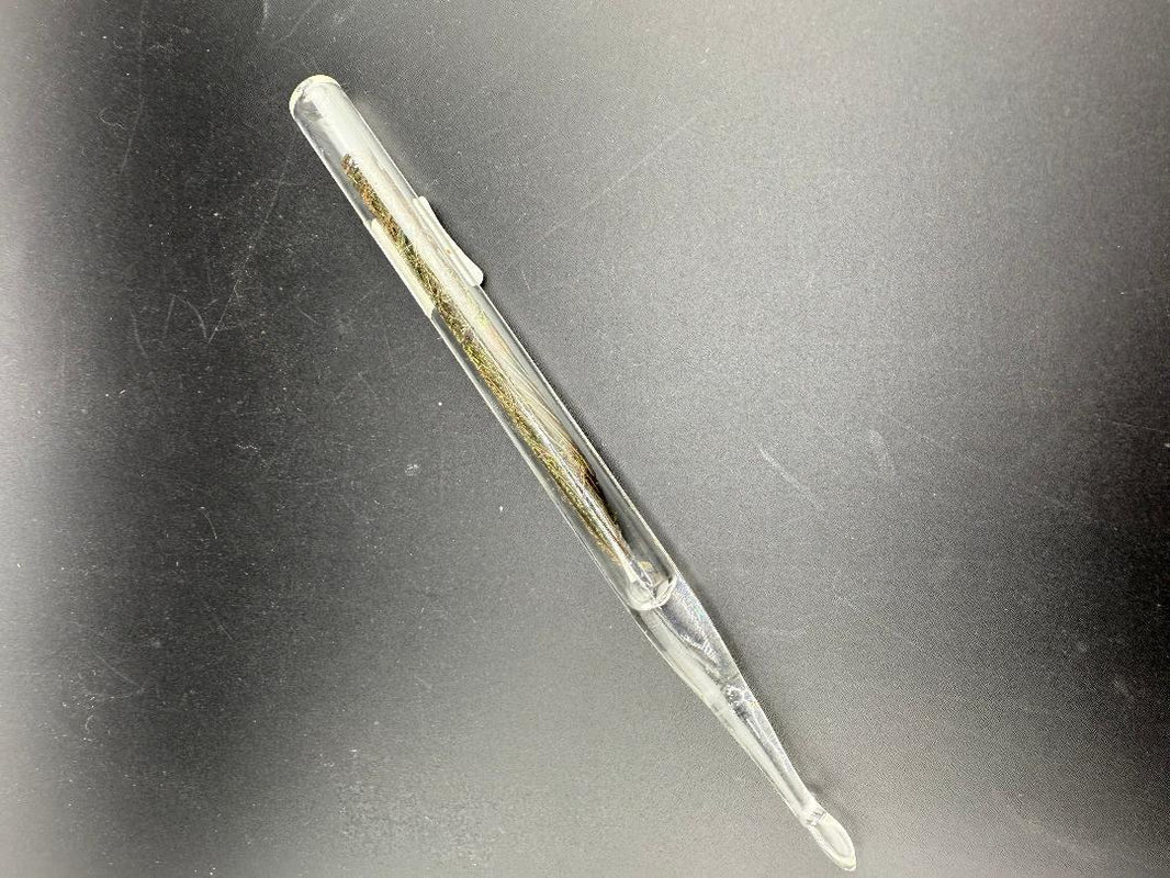 Peacock Feather Glass Dab Tool with clear tube showcasing real peacock feather inside for concentrate sessions