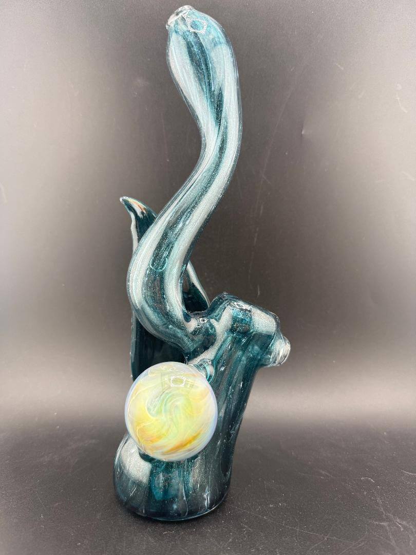 Phranq Glass Bubbler - Blue Stardust w/ Fumed Chaos Pendant & Large Leaf