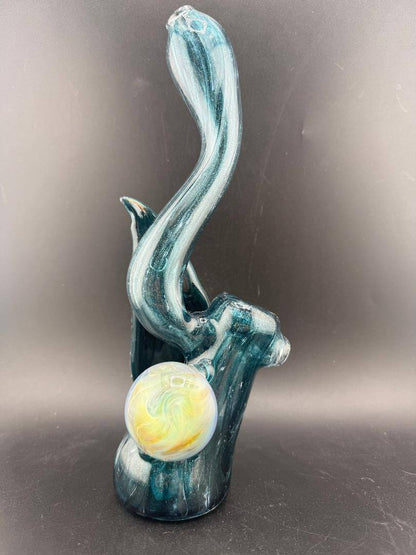 Phranq Glass Bubbler - Blue Stardust w/ Fumed Chaos Pendant & Large Leaf