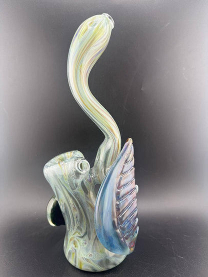 Phranq Glass Bubbler - Green w/ Blue & Purple Leaf & Chaos Pendant featuring a vibrant design.