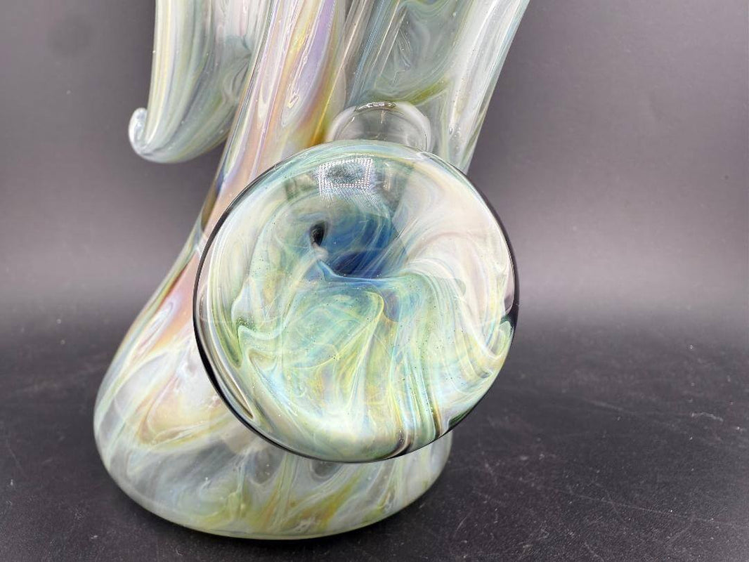 Phranq Glass Bubbler - Green  w/ Blue & Purple Leaf & Chaos Pendant close-up of intricate design and colors.