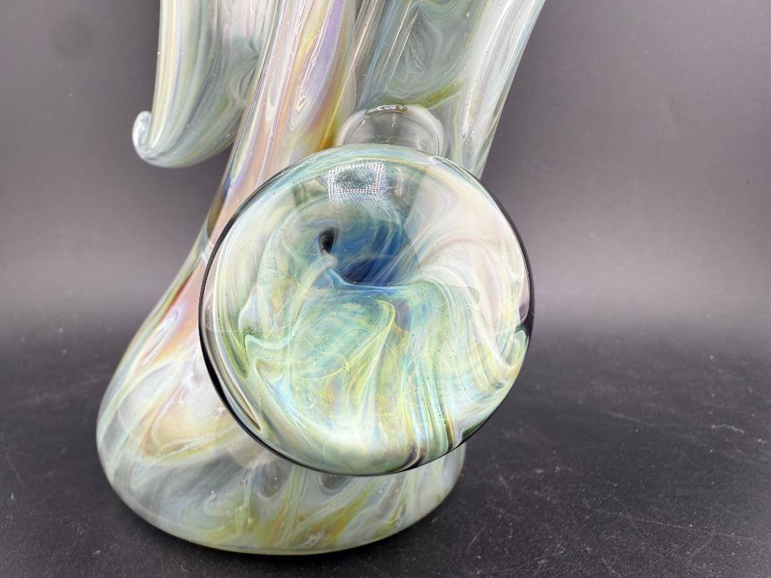 Phranq Glass Bubbler - Green  w/ Blue & Purple Leaf & Chaos Pendant close-up of intricate design and colors.