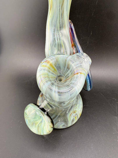 Phranq Glass Bubbler - Green  w/ Blue & Purple Leaf & Chaos Pendant showcasing intricate design and craftsmanship.