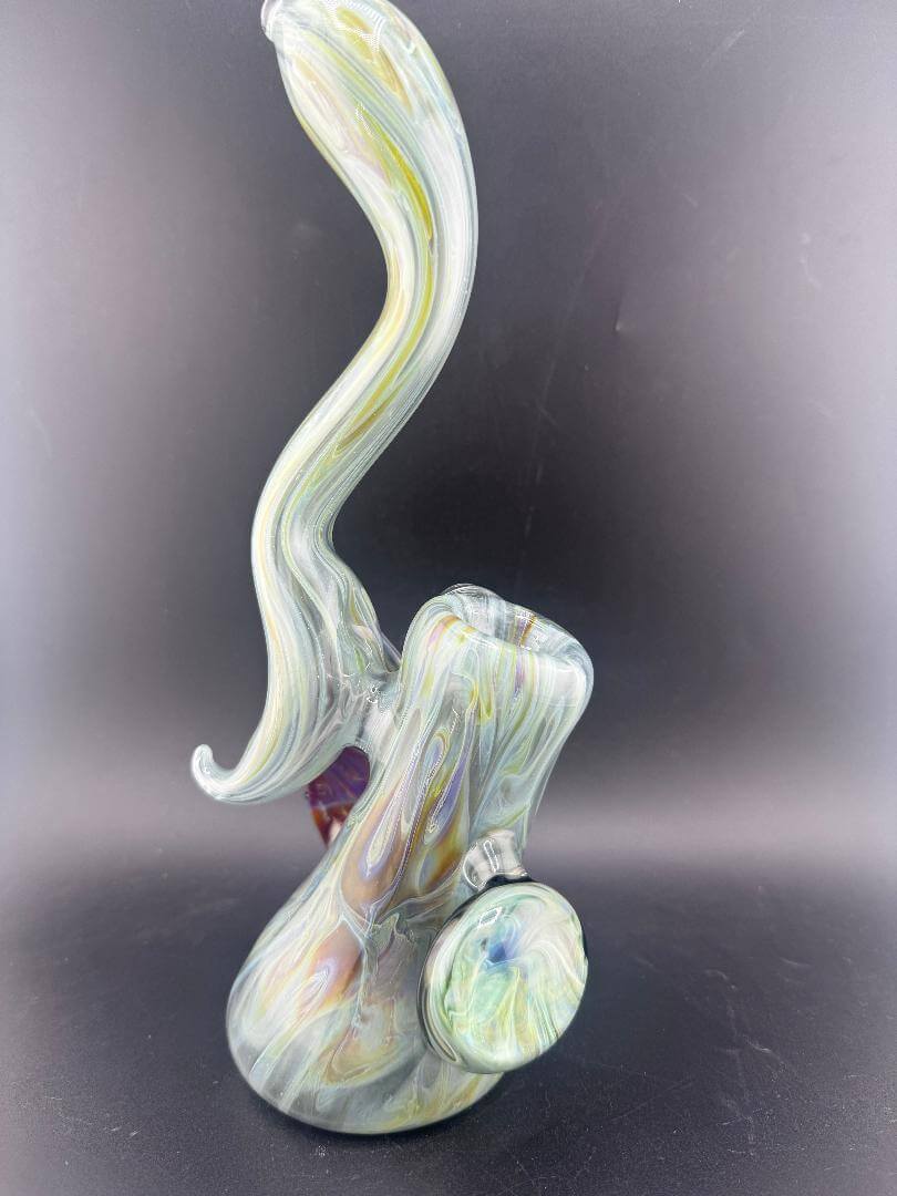 Phranq Glass Bubbler - Green w/ Blue & Purple Leaf & Chaos Pendant, featuring a unique swirling design and vibrant colors.
