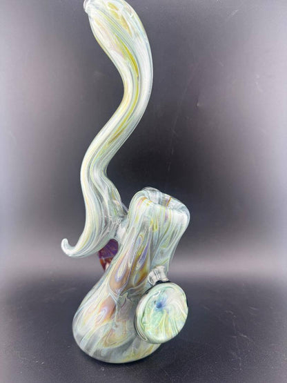 Phranq Glass Bubbler - Green w/ Blue & Purple Leaf & Chaos Pendant, featuring a unique swirling design and vibrant colors.
