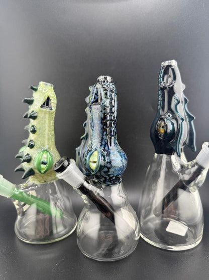 Phranq Glass Dragon Top / Clear Base Jammer – 10mm 45° in green, blue, and black colors with dragon-themed mouthpiece.