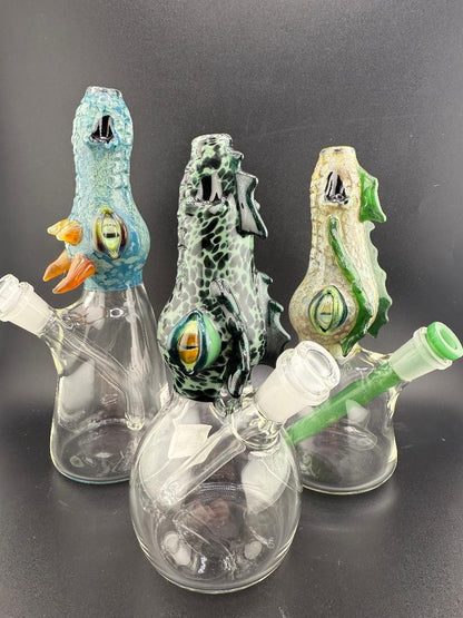 Phranq Glass Dragon Top / Clear Base Jammer – 10mm 45° in various colors showcasing unique dragon designs.