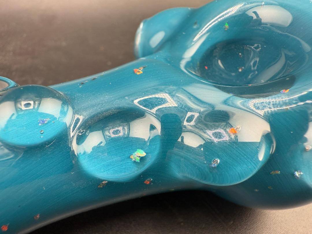 Phranq Glass Hand Pipe - Teal & Crushed Opal close-up showing vibrant teal and crushed opal details.