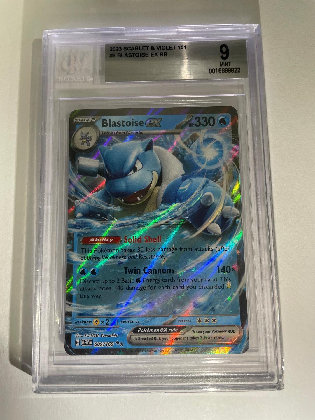 Pokémon TCG | 2023 Blastoise ex 009/165 | Scarlet & Violet 151 | BGS Mint 9 | Cert #0016898822 showcased in protective case.