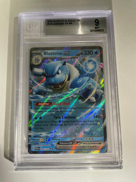 Pokémon TCG | 2023 Blastoise ex 009/165 | Scarlet & Violet 151 | BGS Mint 9 | Cert #0016898822 showcased in protective case.
