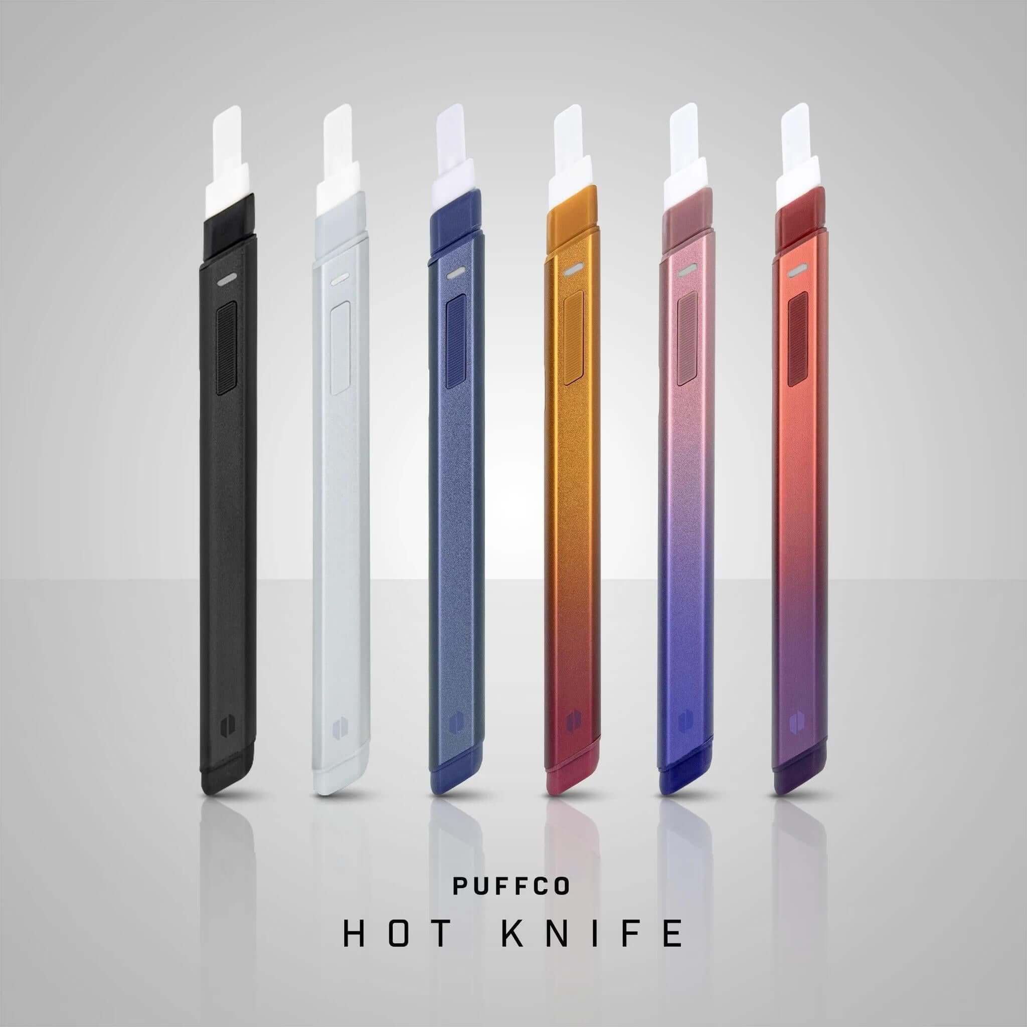 Puffco Hot Knife heated loading tool in multiple colors, showcasing USB-C chargeable design and ceramic tip for easy extract loading.