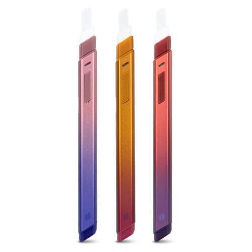 Puffco Hot Knife heated loading tool in three vibrant colors: purple, gold, and red, showcasing USB-C chargeable design.