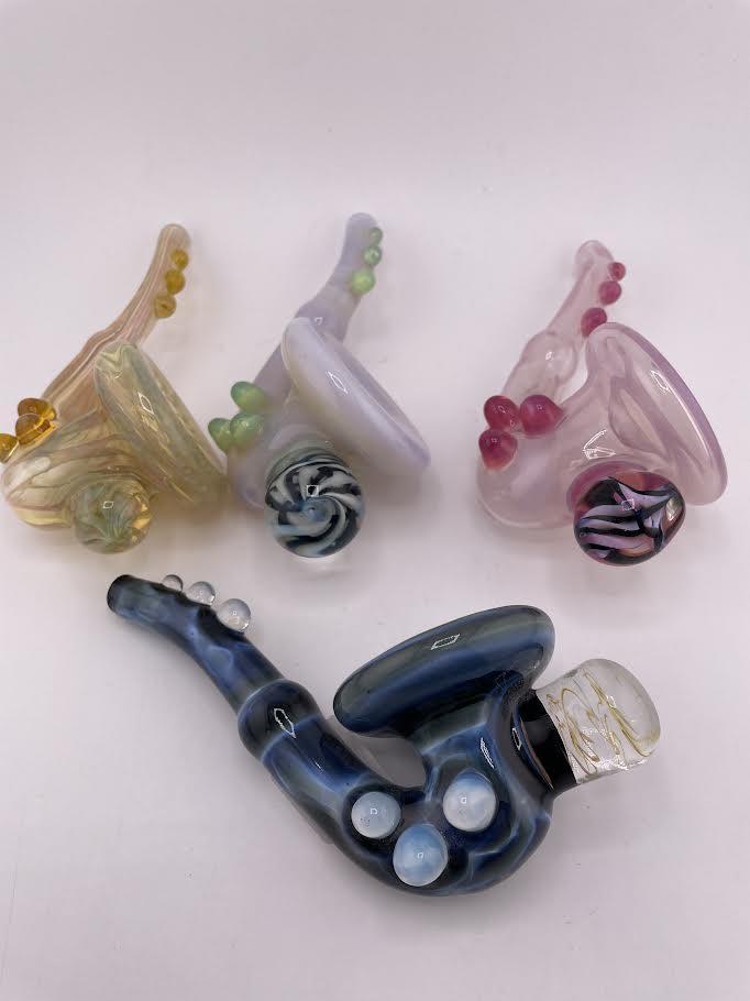 Pugsley Glass Dry Pipe - Fully Worked Sherlock w/ Mushroom Attachments & Color Accents