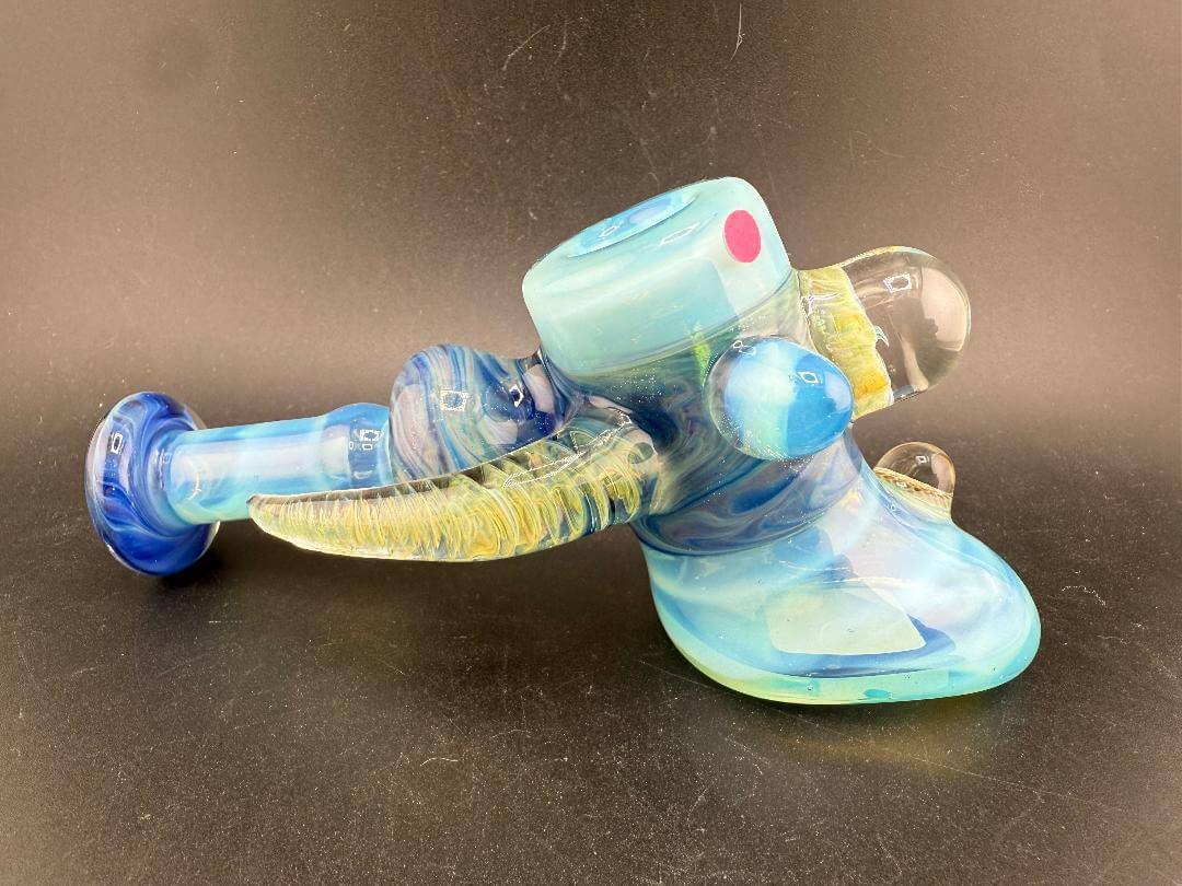 Pugsley Glass Hammer Pipe - Blues w/ Fumed Horn & Marble Attachments highlighted with vibrant blue colors.