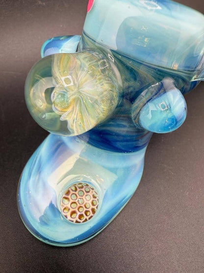 Pugsley Glass Hammer Pipe - Blues w/ Fumed Horn & Marble Attachments showcasing intricate details and colors.