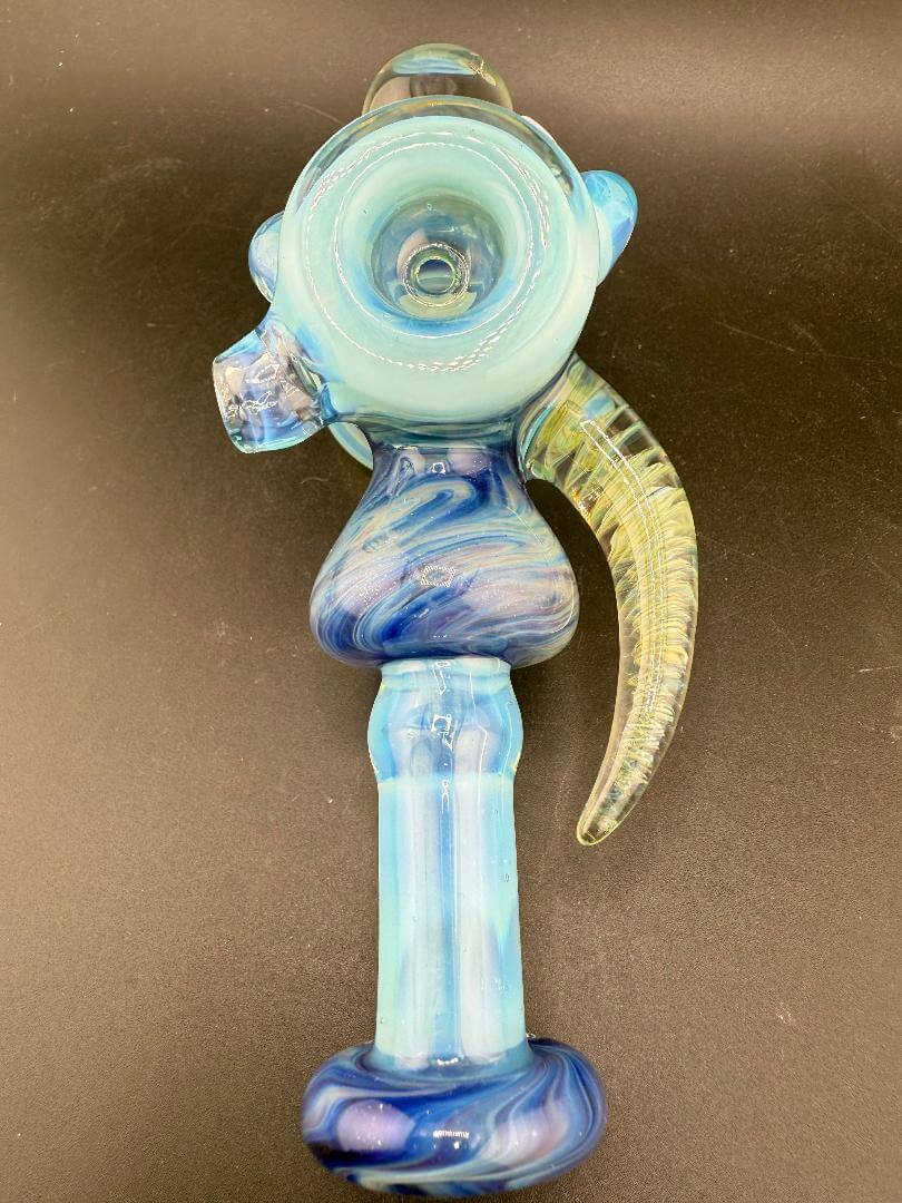 Pugsley Glass Hammer Pipe - Blues w/ Fumed Horn & Marble Attachments featuring a unique design and vibrant colors.