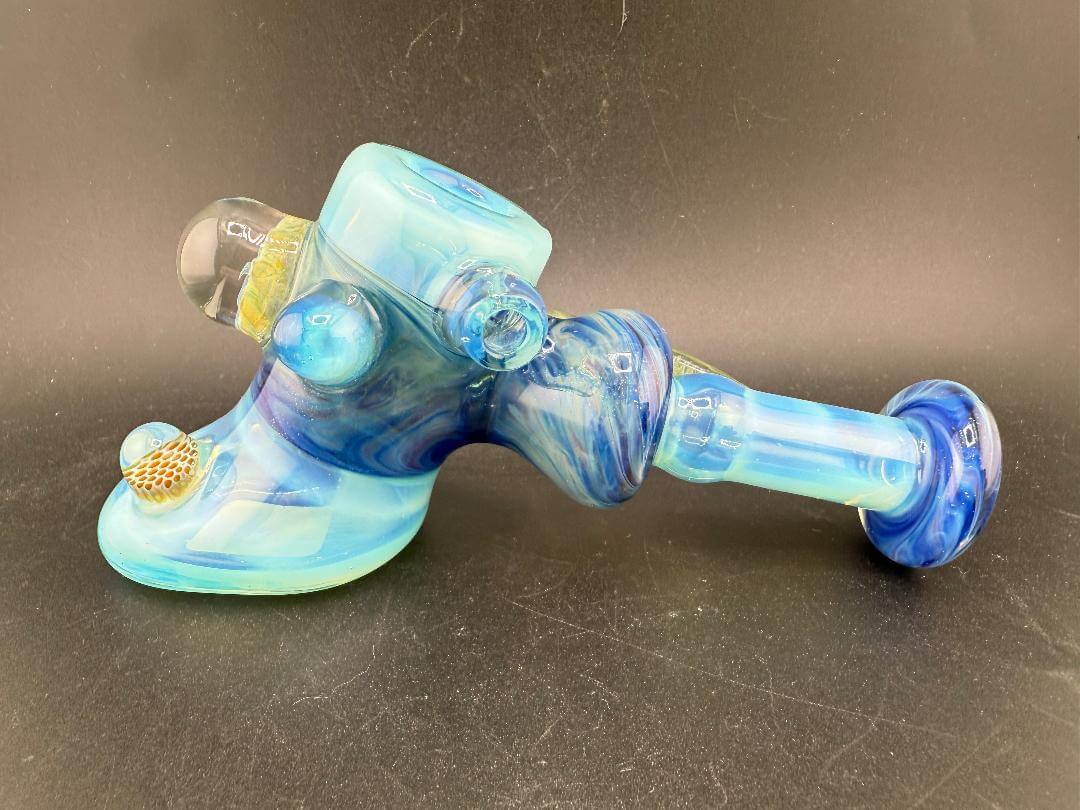 Pugsley Glass Hammer Pipe - Blues w/ Fumed Horn & Marble Attachments side view showcasing blue color and unique details