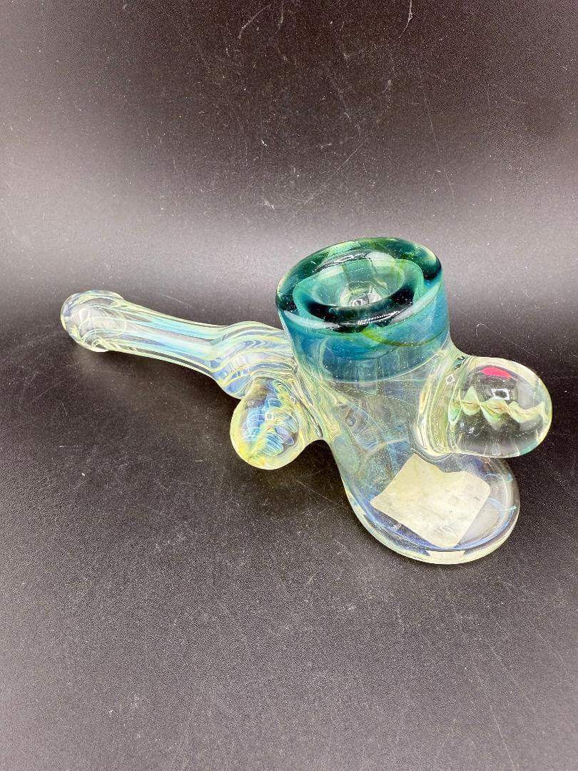 Pugsley Glass Hammer Pipe - Fumed w/ Color Accent Caps & marbles on a dark background.