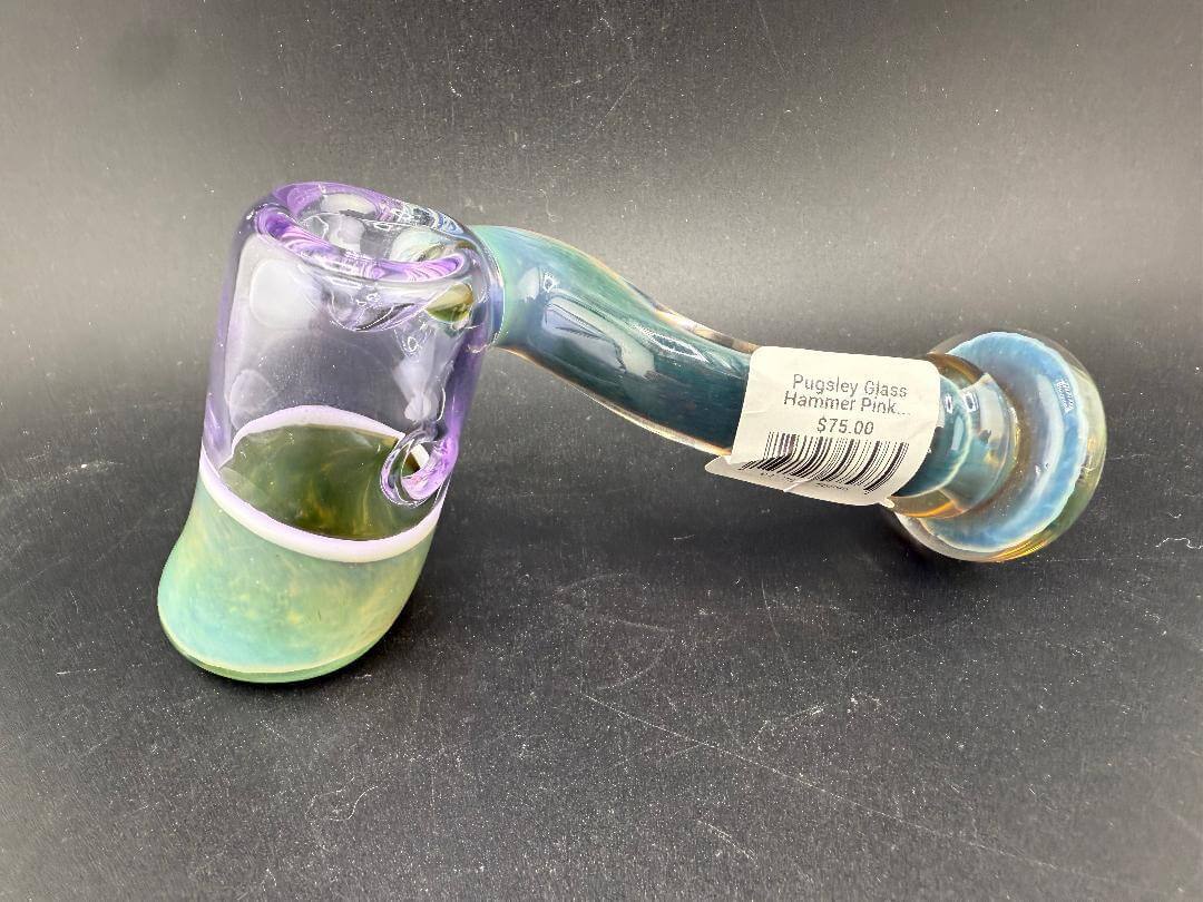 Pugsley Glass Hammer Pipe - Pink & Teal showcasing vibrant colors, hand-crafted design and durable borosilicate glass.
