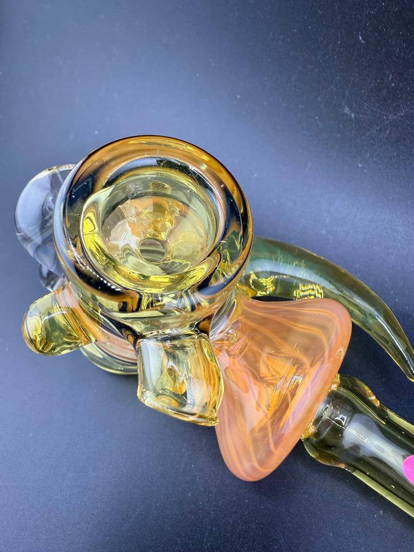 Pugsley Glass Hammer Pipe - Yellow & Fumed Sections w/ Fumed Horn & Marble Attachments displayed from above.