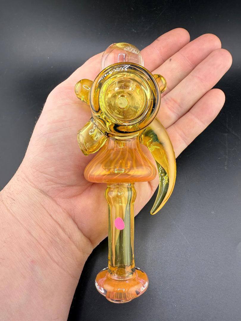 Pugsley Glass Hammer Pipe - Yellow & Fumed Sections w/ Fumed Horn & Marble Attachments held in hand.