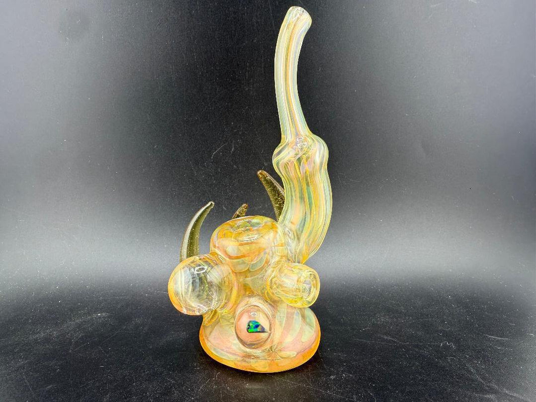 Pugsley Glass Hand Pipe - Heavy Fume w/ Fume Marbe, Horns & Encased Opal displayed on a black background.