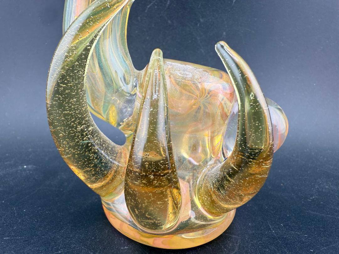 Pugsley Glass Hand Pipe - Heavy Fume w/ Fume Marbe, Horns & Encased Opal showcasing sculpted horns and fumed marble.