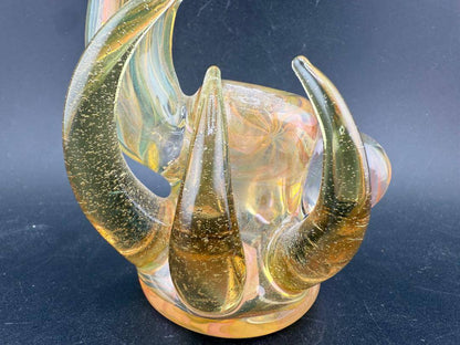 Pugsley Glass Hand Pipe - Heavy Fume w/ Fume Marbe, Horns & Encased Opal showcasing sculpted horns and fumed marble.