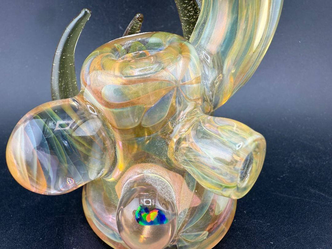 Pugsley Glass Hand Pipe - Heavy Fume w/ Fume Marbe, Horns & Encased Opal showcasing unique design and craftsmanship.