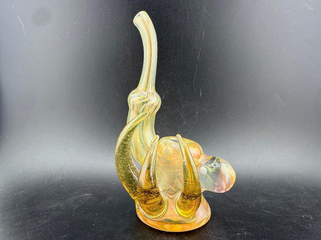 Pugsley Glass Hand Pipe - Heavy Fume w/ Fume Marbe, Horns & Encased Opal showcasing sculpted horns and iridescent finish.