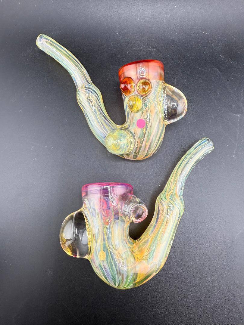 Pugsley Glass Sherlock Pipe - Fumed w/ Color Accented Top & Marbles, showcasing vibrant colors and intricate design details.