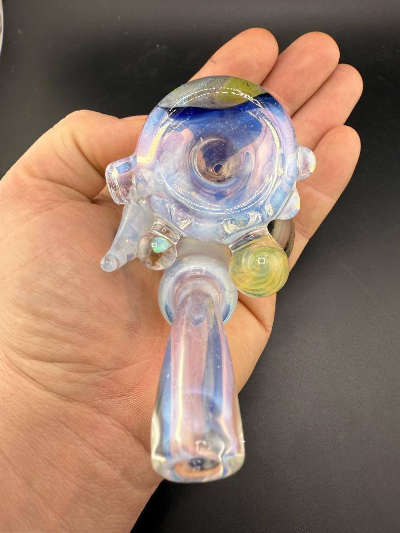 Pugsley Glass Sherlock Pipe - Ghost White w/ Leaf Attaachment & Encased Opal held in hand.