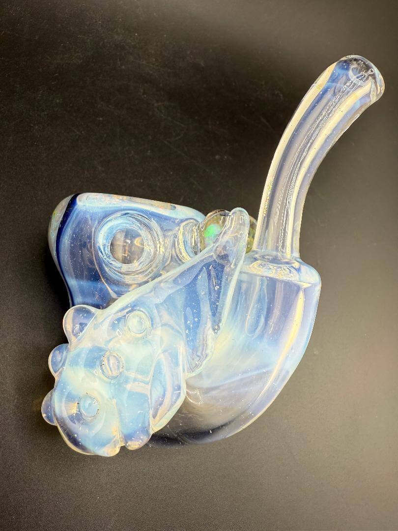 Pugsley Glass Sherlock Pipe - Ghost White w/ Leaf Attaachment & Encased Opal, showcasing a stunning design and craftsmanship.