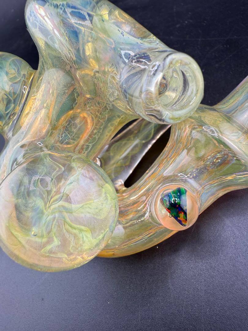 Pugsley Glass Sherlock Pipe - Gold Fumed w/ Fumed Implosion Marbles & Encased Opals close-up view of marbles and opals.