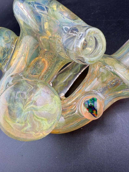 Pugsley Glass Sherlock Pipe - Gold Fumed w/ Fumed Implosion Marbles & Encased Opals close-up view of marbles and opals.