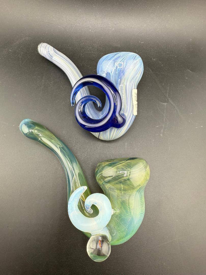 Pugsley Glass Sherlock Pipe - Swirl Color Fade w/ Large Swirl Attachment showcasing blue and green swirl designs.