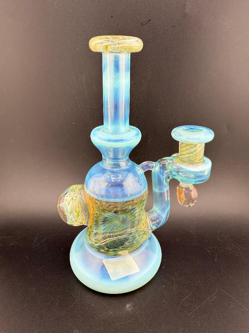 Pugsley Glass Worked Banger Hanger in blue with intricate accents, 10mm 90° joint, handcrafted in Spokane, WA.