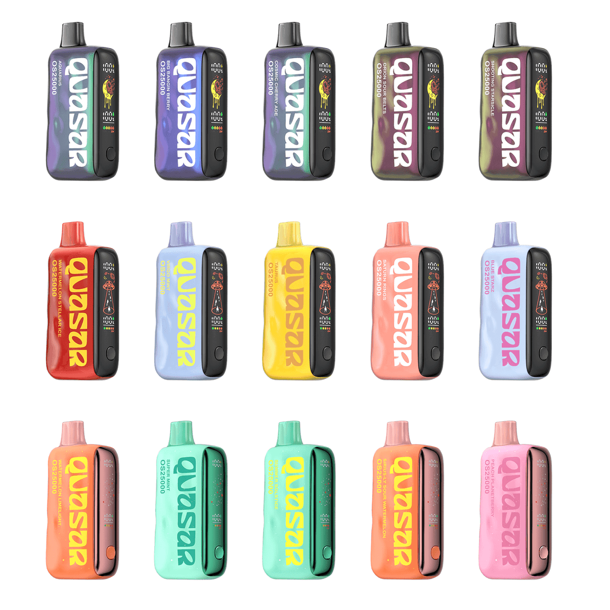 Variety of Quasar OS25000 products in different colors and styles arranged neatly on a white background.
