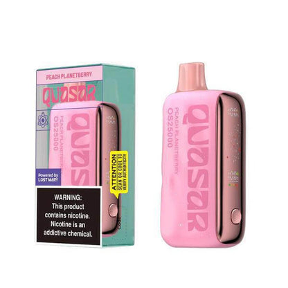 Quasar OS25000 vape device in Peach Planetberry flavor, showcasing sleek design and warning label.