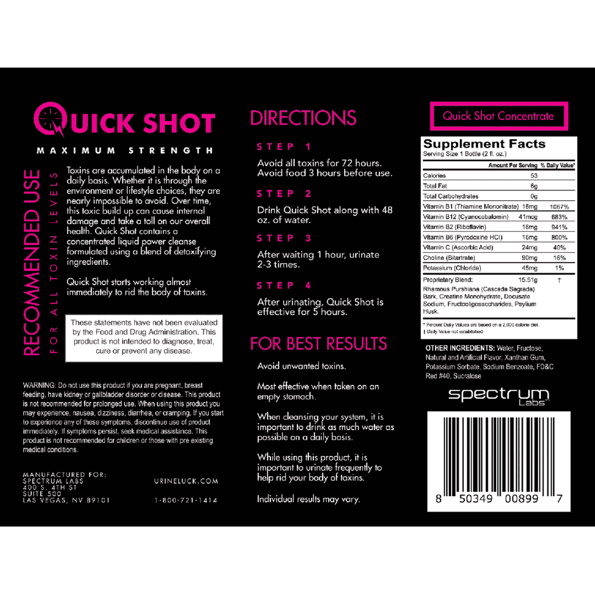 Quick Shot detox drink label showing directions and ingredients for maximum strength cleanse.