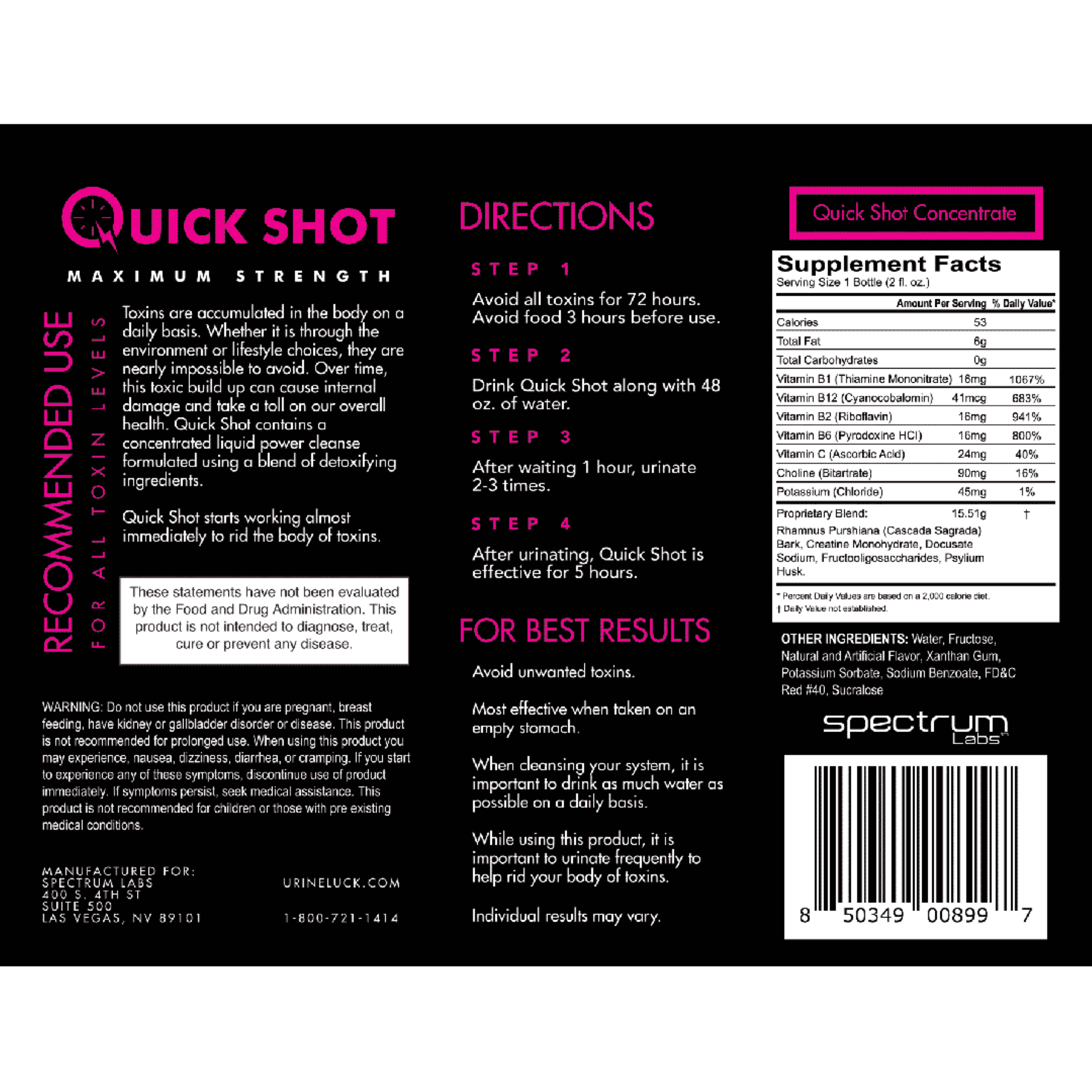 Quick Shot detox drink label showing directions and ingredients for maximum strength cleanse.