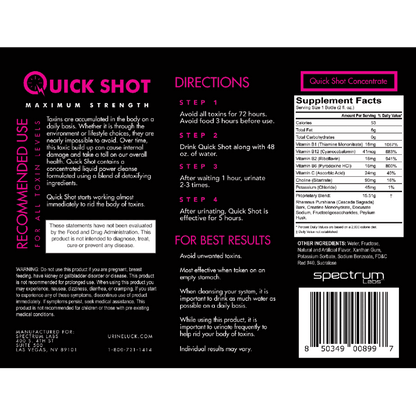 Quick Shot detox drink label showing directions and ingredients for maximum strength cleanse.