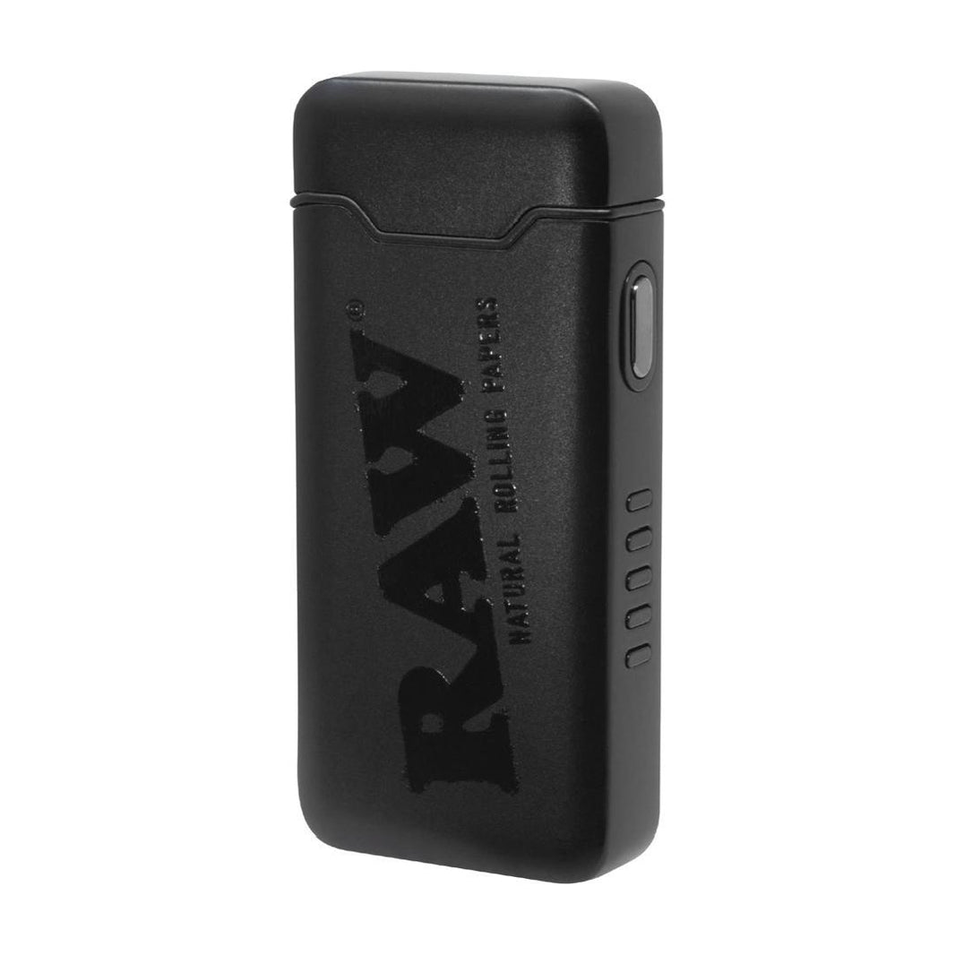 RAW Arc Lighter electronic rechargeable lighter in sleek black finish with logo, USB charging, and butane-free ignition.
